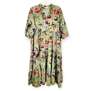 Little Tibet Boutique Birds Flowers Block Print Tiered Puff Sleeve Midi Dress